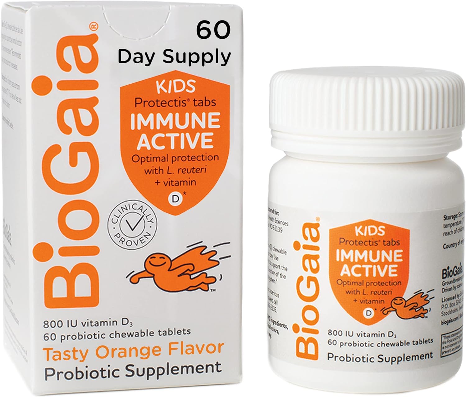 BioGaia Protectis Immune Active Kids Probiotic | Probiotic + Vitamin D | Supports Immune, Digestive & Overall Health | Kids Probiotic | Orange Chewable Tablets | 60 Day Supply