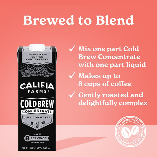 Califia Farms - Unsweetened Cold Brew Coffee Concentrate, 32 Oz (Pack Of 3), 100% Arabica, Shelf Stable, Plant Based, Vegan, Gluten Free, Non Gmo, Sugar Free, Iced Coffee