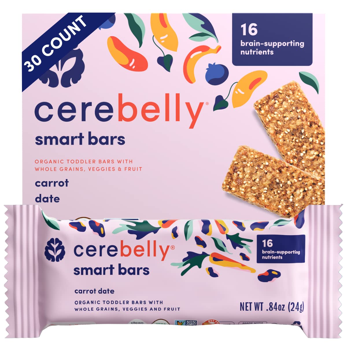 Cerebelly Toddler Snack Bars – Organic Carrot Date Smart Bars (Pack of 30), Healthy Snack Bars for Kids - 16 Brain-supporting Nutrients, Made with Gluten Free Ingredients, Nut Free, No Added Sugar