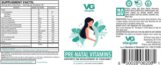 Vitaglobe Prenatal Vitamin Gummy - Womens Multivitamin For Healthy Growth And Brain Development With Vitamin A, D E, B6, Folate And Biotin, 60 Count