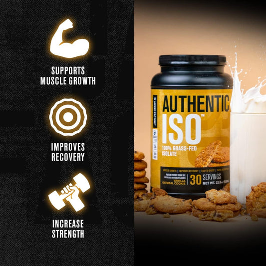 Authentic Iso Grass Fed Whey Protein Isolate Powder - Low Carb, Non-Gmo Muscle Building Protein W/ No Fillers, Mixes Perfectly For Post Workout Recovery, Vanilla Oatmeal Cookie - 2Lb, 30 Sv