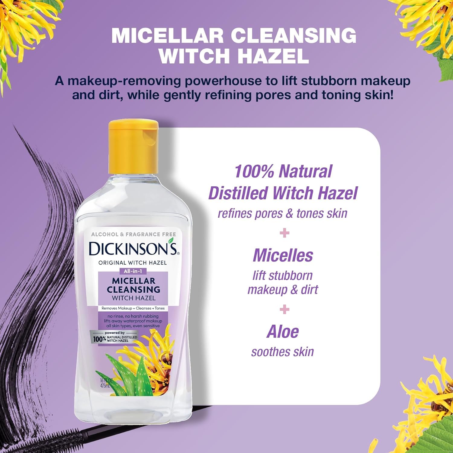 Dickinson's Micellar Cleansing Witch Hazel, An All-in-1 Makeup Remover, Pore Refiner, Skin Cleanser and Toner; Alcohol Free with Aloe, for Sensitive Skin, 16oz : Everything Else