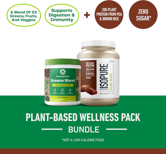 Bundle Of Amazing Grass Greens Superfood Powder: Original, 30 Servings + Isopure Chocolate Vegan Protein Powder, Plant Based, Organic Pea Protein, Dairy Free, 20 Servings (Packaging May Vary)