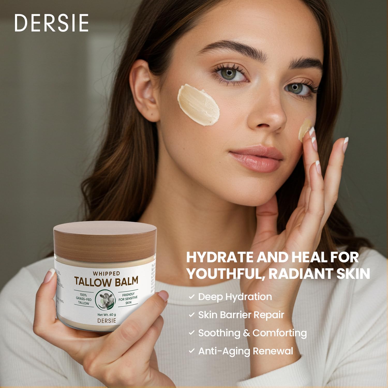 Dersie Whipped Tallow Cream: 100% Grass-Fed Beef Tallow Cream For Deep Hydration, Skin Barrier Repair, Soothing - Tallow Moisturizer For Face & Body For Women, Men & Kids (2.1 Oz) : Beauty & Personal Care