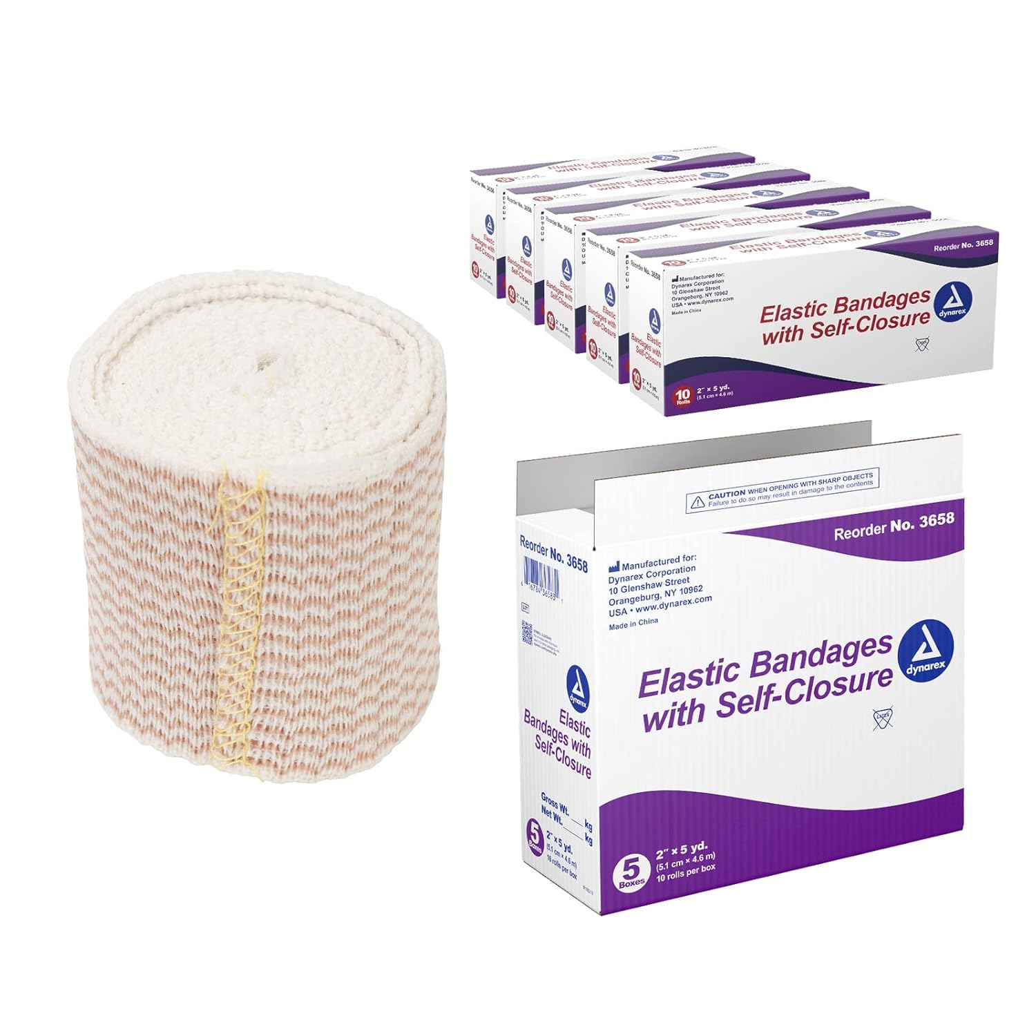 Dynarex Elastic Bandages With Self-Closure, Outstanding Compression And Stretch, Latex-Free Elastic Bandages With Velcro Closure, 2" X 5 Yds, 1 Case Of 50 Elastic Wrap Bandages (5 Boxes Of 10)