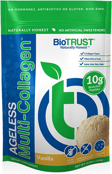 Biotrust Ageless Multi Collagen Peptides Powder – 5 Types (I, Ii, Iii, V, X) – Vanilla Collagen Powder For Women & Men – Hydrolyzed Protein – Grass Fed Beef, Fish, Chicken, Eggshell Membrane