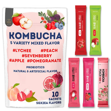 Garden Kombucha Tea, Powder 5G X 10 Sachets (50G/3.52Oz) Probiotics, Prebiotics, Sugar Free, Diet Tea, Healthy Drink (5 Variety Flavor)