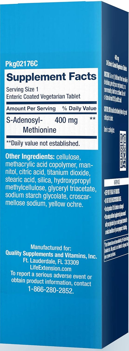 Life Extension Same 400 mg Enteric-Coated S-Adenosyl-Methionine Mood Support, Liver Health & Healthy Joint Function Support Supplement - Non-GMO, Gluten Free - 30 Enteric-Coated Vegetarian Tablets