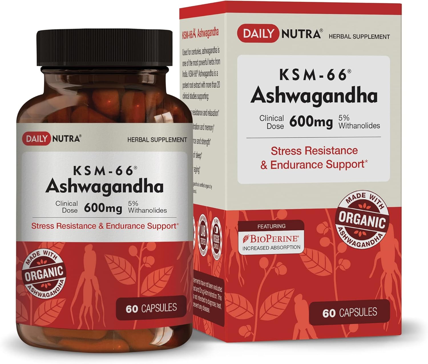 DailyNutra KSM-66 Ashwagandha 600mg Organic Root Extract - High Potency Supplement with 5% Withanolides | Relieves Tiredness, Supports Relaxation, Focus, Energy, & Muscle Growth (60 Capsules)