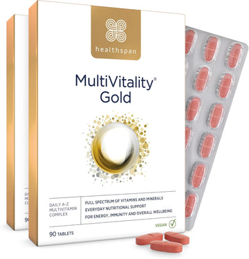 Healthspan Multivitamin Gold | A-Z Formulation | Wellbeing & Immune Support | Algal Source Vitamin D3 | Vitamins A, B, C, D, E & K | Calcium, Iron, Magnesium, Selenium & Zinc | Vegan (90 Tablets)