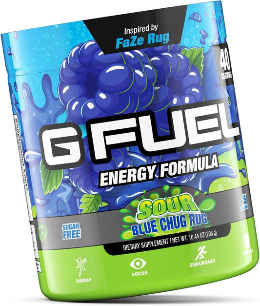 G Fuel Chug Rug Energy Drink Powder, Pre Workout Caffeine Mix For Gaming, Sugar Free Focus Amino, Vitamin + Antioxidants, 10.44Oz (Sour Blue Raspberry, 40 Servings)