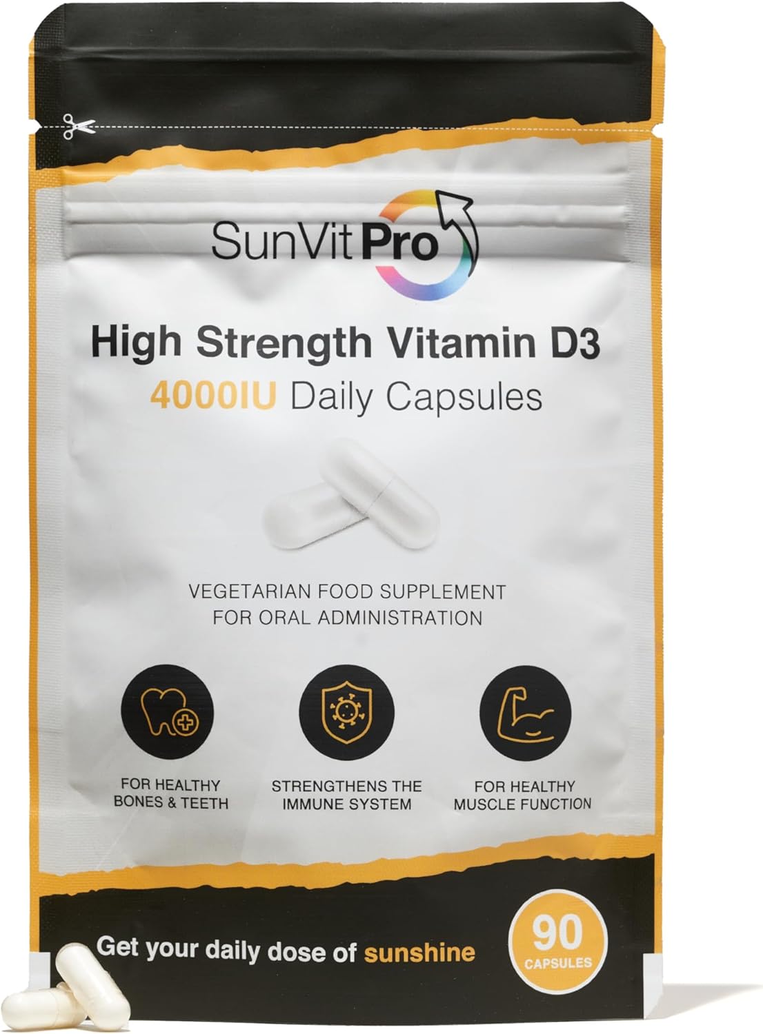 Sunvit-D3 Vitamin D3 4000 Iu Capsules | High Strength Vitamin D Capsules Supports Immune System, Bone, Teeth & Muscle Health | Gluten Free, Dairy Free | Vitamin D Supplements (90 Count)