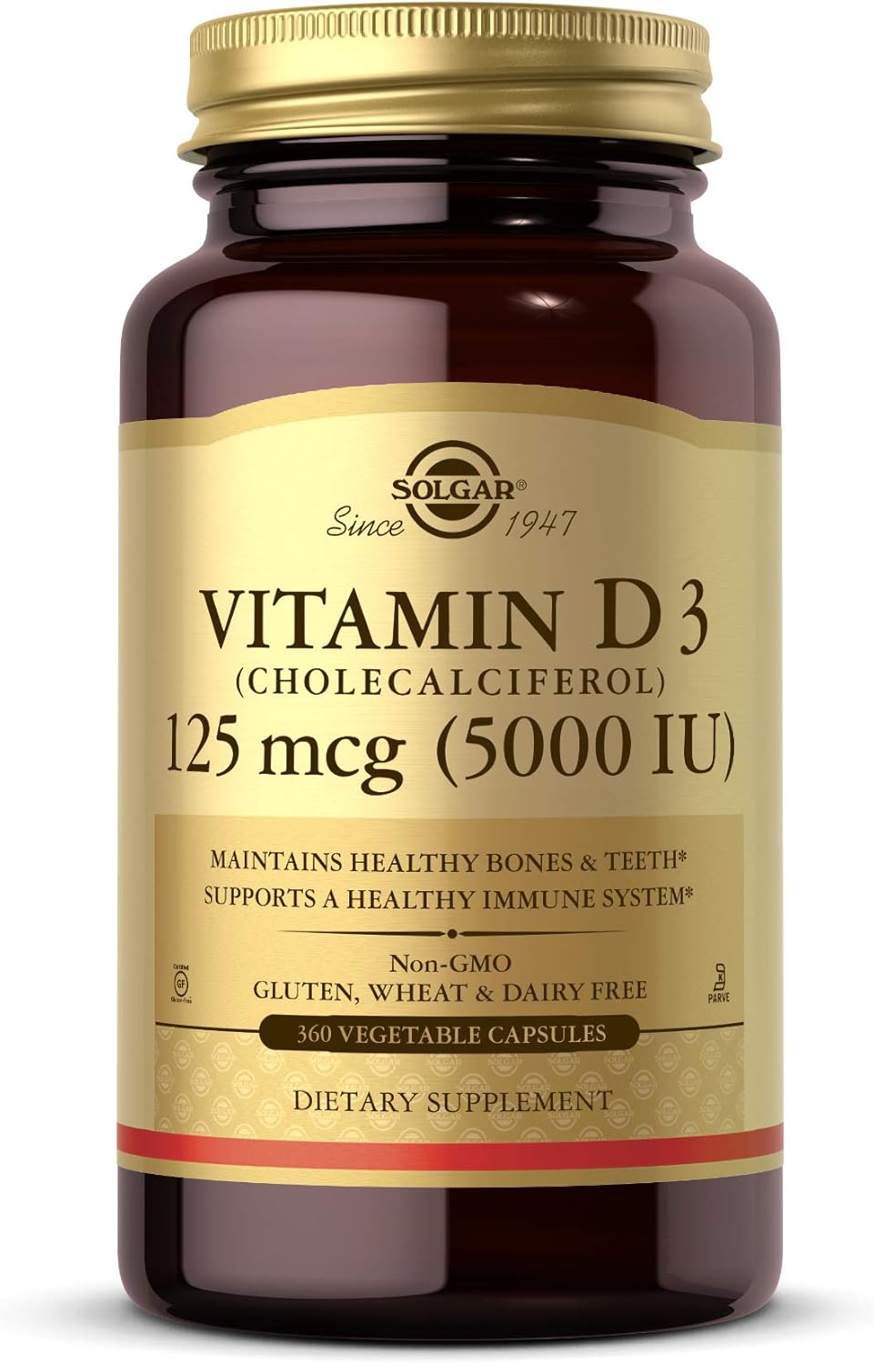 Solgar Vitamin D3 Cholecalciferol 125 Mcg 5000 Iu Vegetable Capsules Helps Maintain Healthy Bones Teeth Immune System Support Non Gmo Gluten Free Dairy Free Kosher Servings - 360 Count