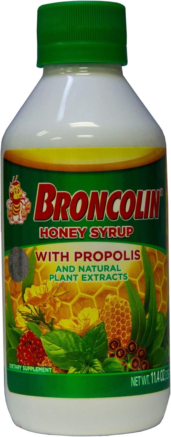 Broncolin Honey Syrup With Propolis, Syrup With Natural Plant Extracts To Refresh Your Throat, Natural Ingredients, Elderberry, Eucalyptus, Peppermint Oil, 11.4 Oz, Bottle