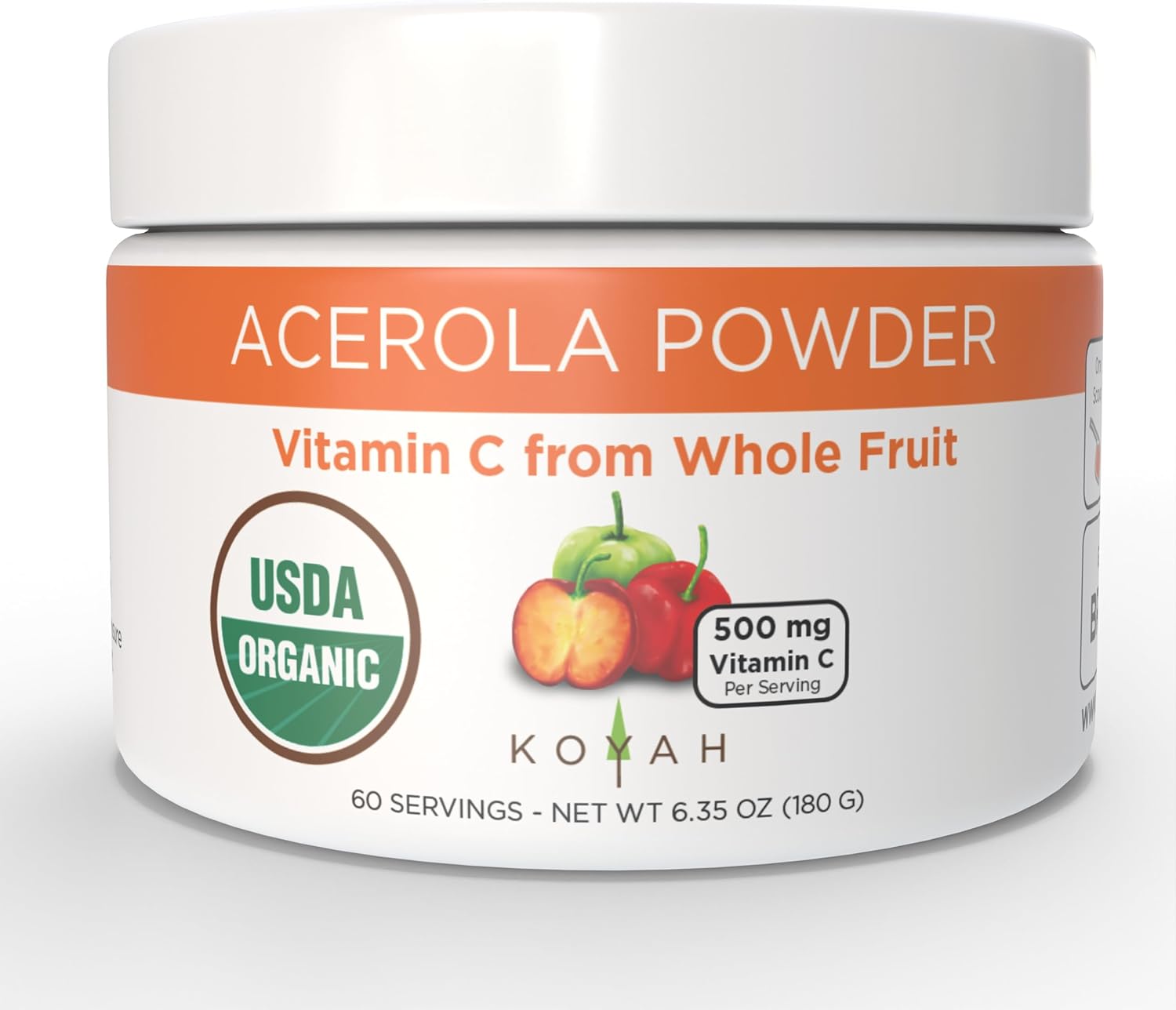 KOYAH - Organic Natural Vitamin C (500 mg or 556% DV) Powder from Freeze-dried Whole Acerola Fruits: 60 Servings (1 Scoop = 500 mg Vitamin C or 6 Acerola fruits) Certified Organic and Non-GMO (180 g)