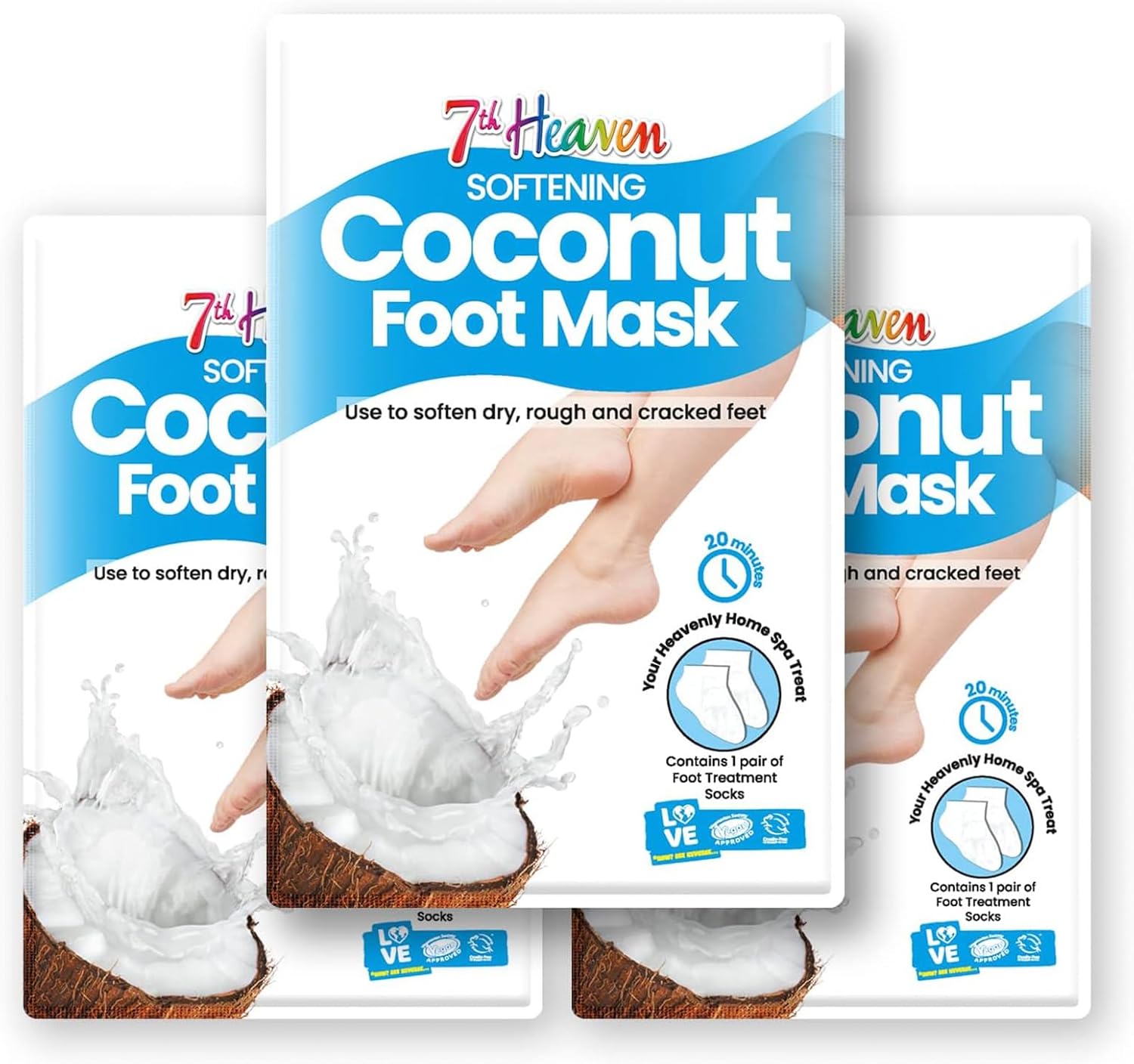 7Th Heaven Foot Mask Multipack Of 3 Moisturising Foot Treatment Socks – Softening & Nourishing Mask For Dry & Cracked Feet – Infused With Coconut & Shea Butter – At Home Spa Skincare