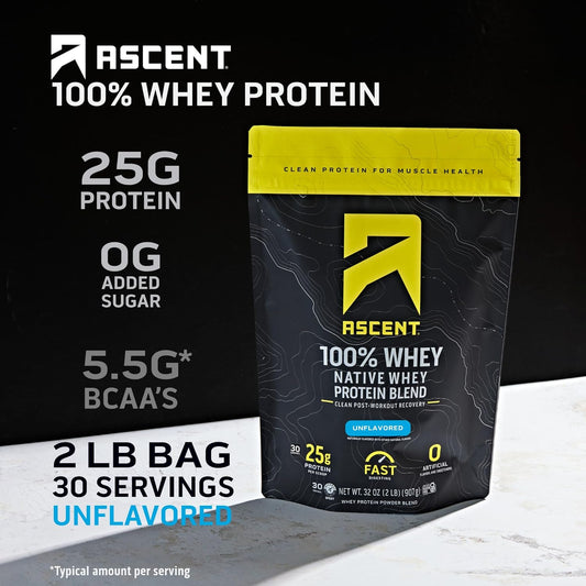 Ascent 100% Whey Protein Powder - Post Workout Whey Protein Isolate, Zero Artificial Flavors & Sweeteners, Gluten Free, 5.5g BCAA, 2.6g Leucine, Essential Amino Acids, Unflavored 2 lb