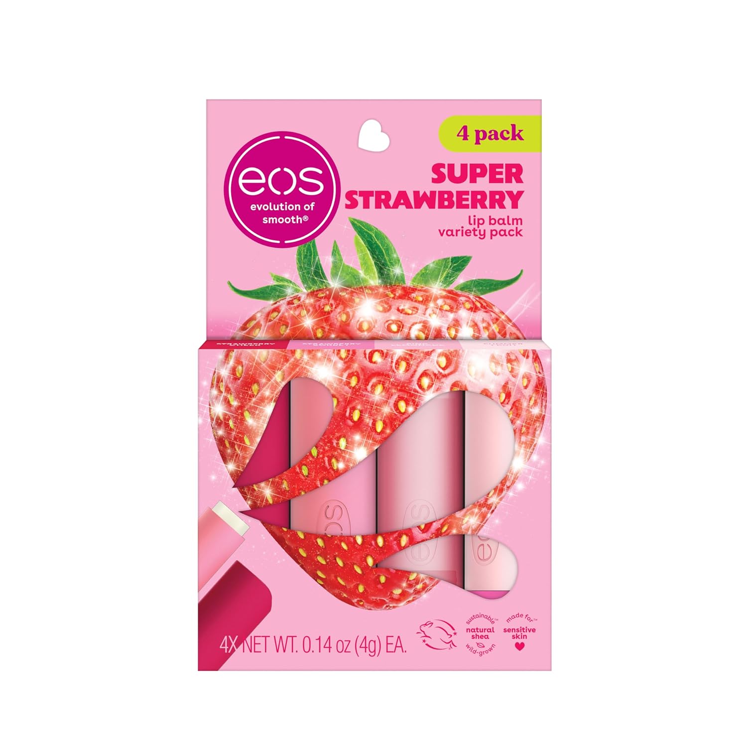 Eos Lip Balm Gift Set- Super Strawberry, Limited-Edition Lip Moisturizer, Variety Pack, 0.14 Oz, 4-Pack