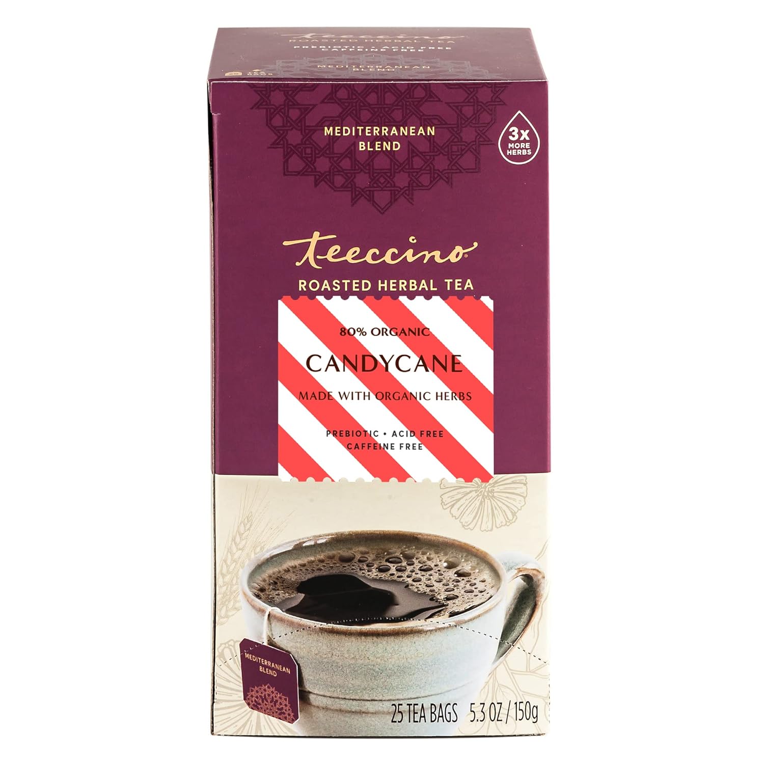 Teeccino Candy Cane Herbal Tea - Favorite Dessert Beverage That’S Prebiotic, Caffeine-Free & Acid Free, Medium Roast, 25 Count