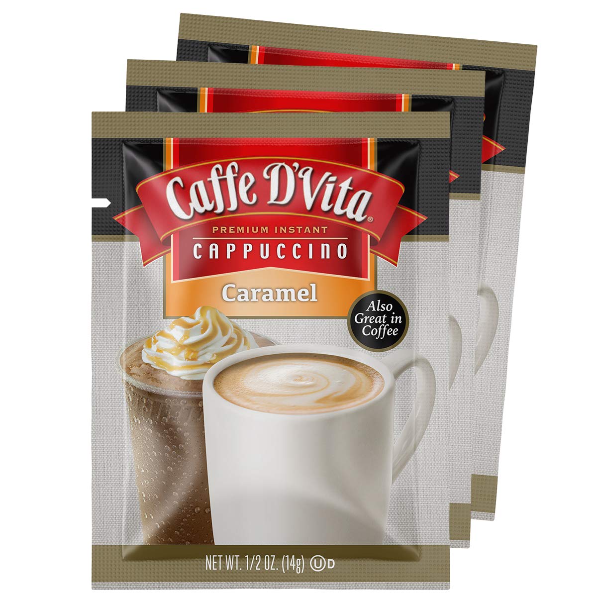 Caffe D’Vita Caramel Cappuccino Mix - Caramel Instant Coffee, Latte Mix, Gluten Free, No Cholesterol, No Hydrogenated Oils, No Trans Fat, 99% Caffeine Free, Instant Coffee Drink - 0.5 Oz Packets, 24-Pack