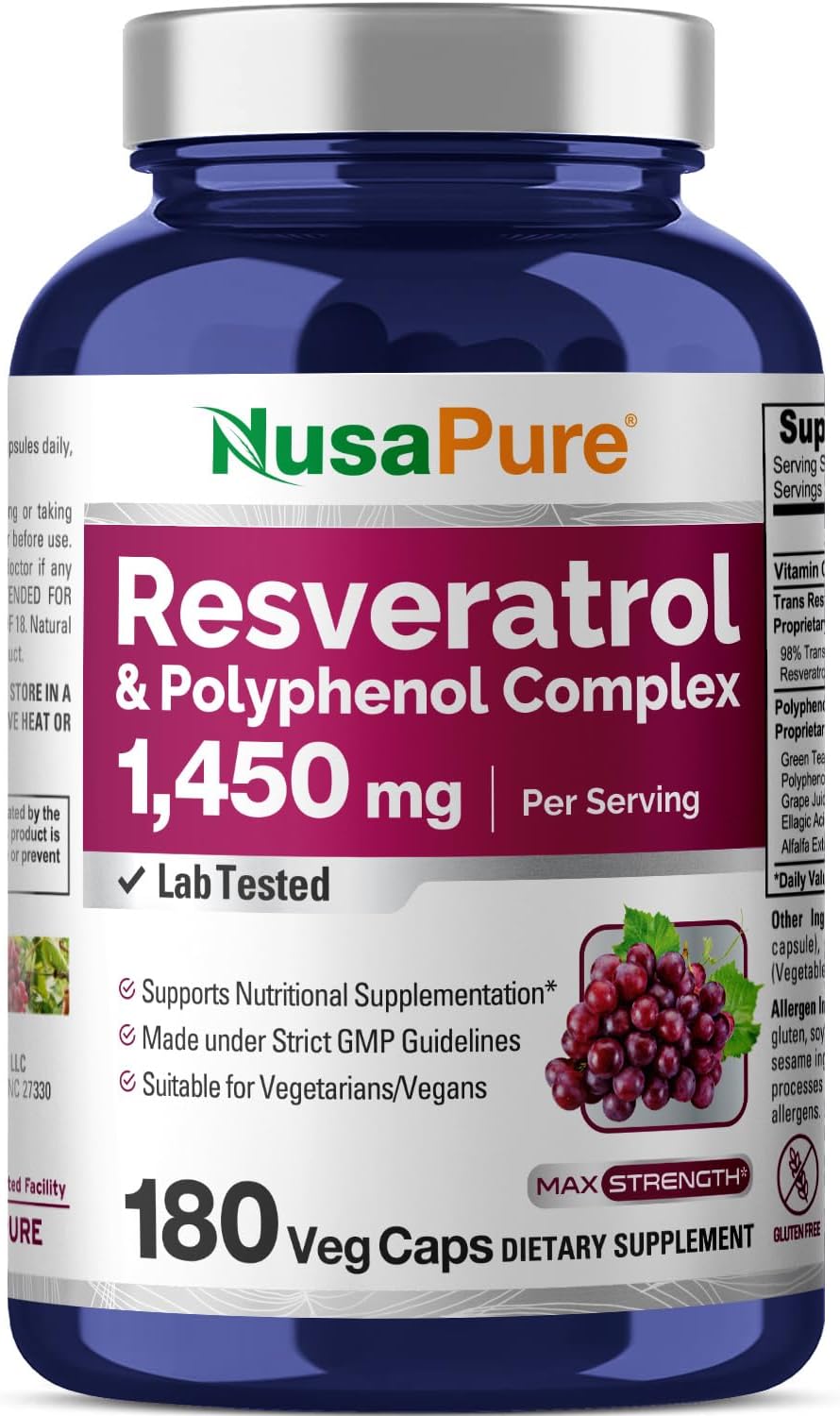Nusapure Resveratrol & Polyphenol Complex 1450Mg 180 Vegetarian Caps (Non-Gmo, Vegan) Vitamin C