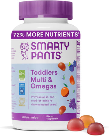 SmartyPants Toddler Multivitamin Gummies: Omega 3 Fish Oil (EPA/DHA), Vitamin D3, C, Vitamin B12, B6, Vitamin A, K & Zinc for Immune Support, Gluten Free, Three Fruit Flavors, 90 Count (30 Day Supply)