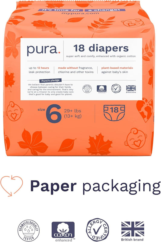 Pura Size 6 Eco-Friendly Diapers (29+ Lbs) Totally Chlorine Free (Tcf),Hypoallergenic, Soft Organic Cotton, Sustainable, Up To 12 Hours Leak Protection, Allergy Uk, 6 Packs Of 18 (108 Diapers)