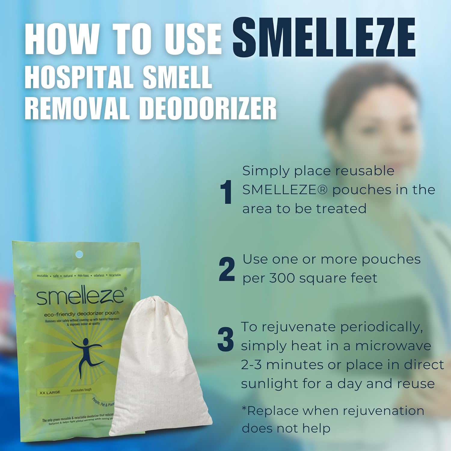 SMELLEZE Reusable Hospital Smell Removal Deodorizer Pouch: Stops Medical Odor Without Chemicals in 300 Sq. Ft. : Health & Household