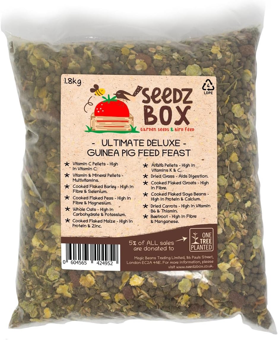 Guinea Pig Food 1.8kg - Crunchy Feed Grain and Veg Mix - Natural Feed for Guinea Pigs - SeedzBox - Multivitamins Carrots Barley and Alfalfa - High in Vitamin C Protein and Calcium