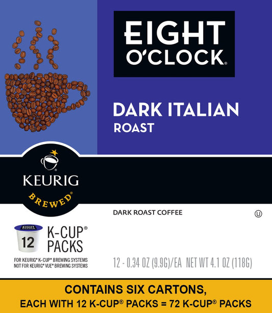 Eight O'Clock Coffee Dark Italian Espresso Roast, Keurig Single Serve K-Cup Pods, Dark Roast, 12 Count (Pack of 6)