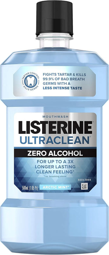 Listerine Ultraclean Zero Alcohol Tartar Control Mouthwash, Oral Rinse To Help Fight Bad Breath And Tartar, For Cleaner, Naturally White Teeth, Less Intense Arctic Mint Taste, 500 Ml