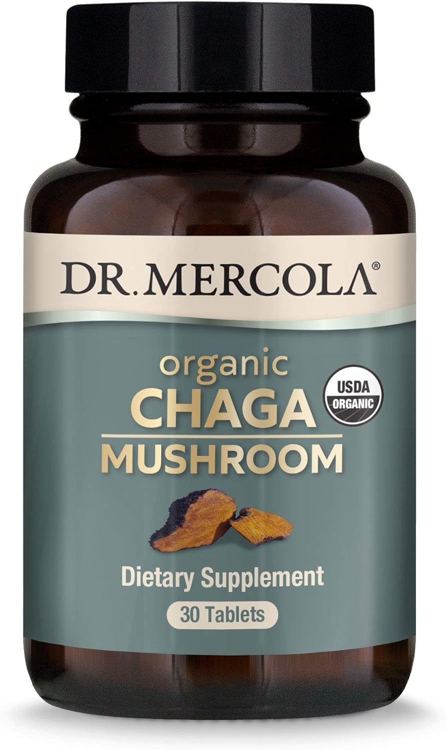 Dr. Mercola Organic Chaga Mushroom, 30 Servings (30 Tablets), Dietary Supplement, Supports Healthy Immune Function, Non-GMO, Certified USDA Organic, NSF Contents Certified