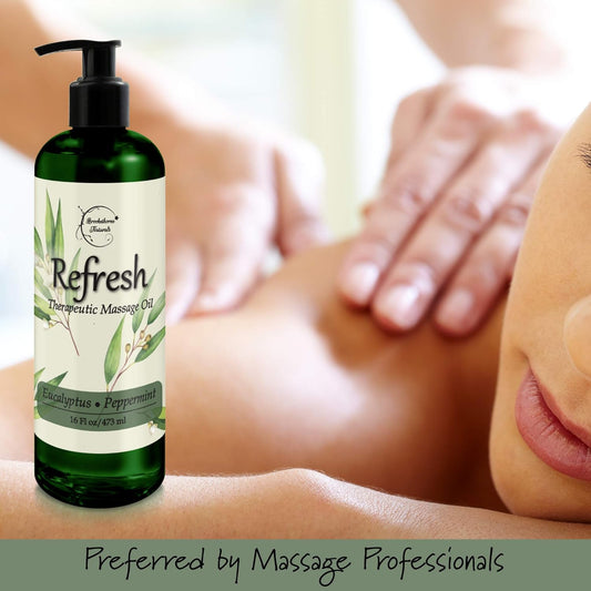 Refresh Massage Oil For Massage Therapy With Eucalyptus & Peppermint Essential Oils - All Natural Sore Muscle Relief. Ideal For Full Body Relaxation – Nut Free Formula 8Oz