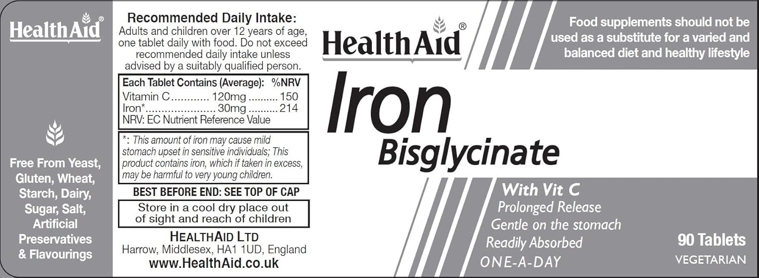 HealthAid Iron Bisglycinate - 90 Vegetarian Tablets : Amazon.co.uk: Health & Personal Care