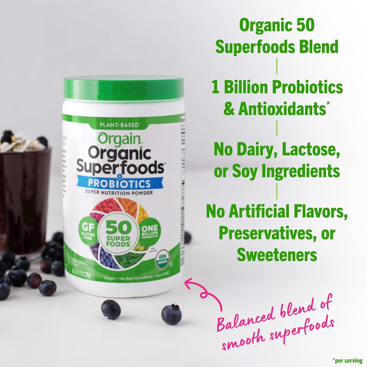 Orgain Organic Greens Powder + 50 Superfoods, Original - 1 Billion Probiotics for Digestive Health, Antioxidants, Vegan, Plant-Based, Gluten-Free, Non-GMO, Green Juice & Smoothie Drink Mix - 0.62lb : Health & Household