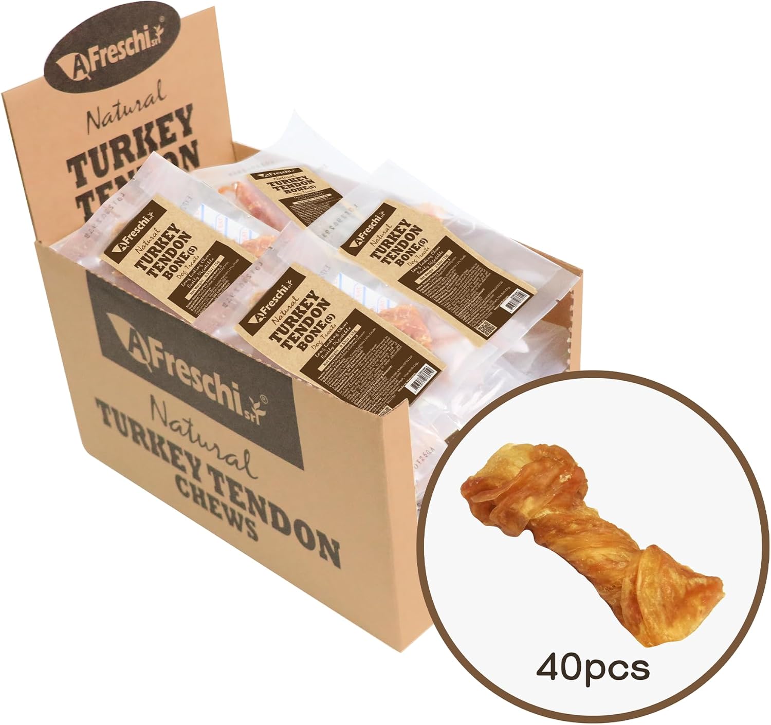 Afreschi Turkey Tendon For Dogs, Dog Treats For Signature Series, All Natural Human Grade Puppy Chew, Ingredient Sourced From Usa, Hypoallergenic, Rawhide Alternative, 40 Units/Box Bone (Small)