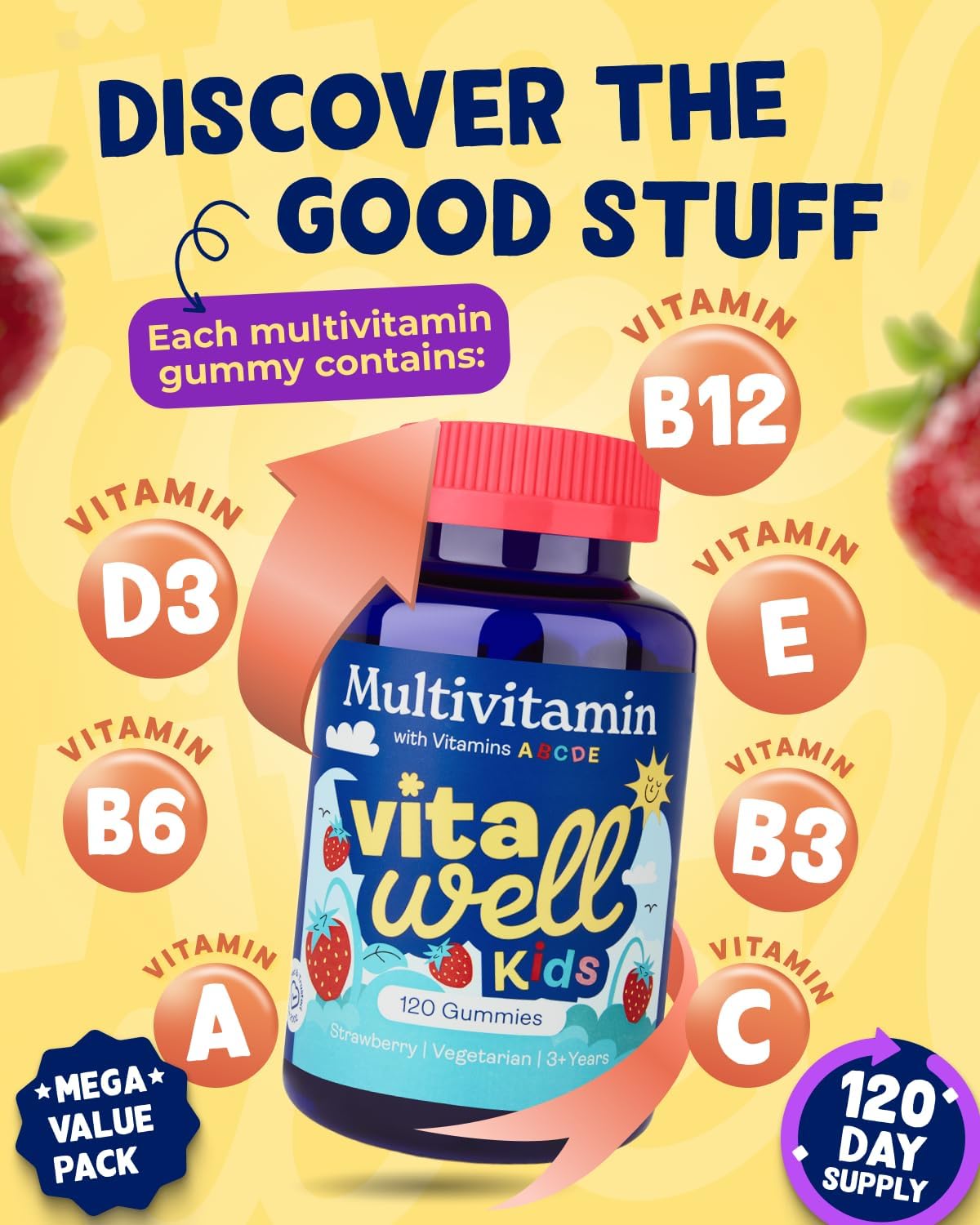 Vitawell Kids Multivitamin Gummies - 120 Natural Strawberry Flavour (4 Month Supply) | Chewable Kids Multivitamin Chews | Vitamin D3, A, E, C, B6, B12 | No Artificial Colours, Flavours, Preservatives : Amazon.co.uk: Health & Personal Care