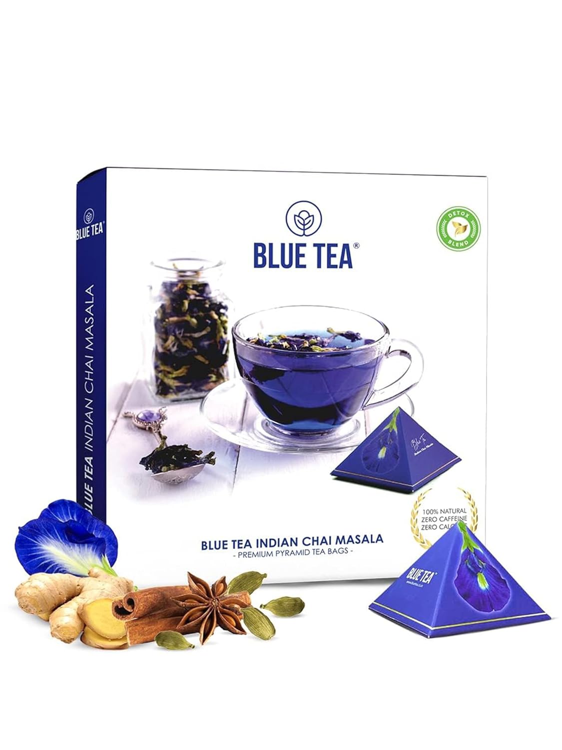 Blue Tea - Indian Chai Masala - 12 Count - Plant Based Tea Bags | Tea Gift Pack | Flower & Indian Spices Based | Caffeine-Free - Gluten Free - No-Additives | Direct From Source - Refreshing Tea | Gifts Box