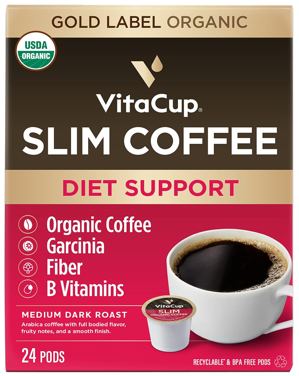 Vitacup Slim Organic Coffee Pods, Diet Support With Ginseng, Garcinia, B Vitamins, Bold Medium Dark Roast, Single Serve Pod, Compatible With Keurig K-Cup Brewers,24 Ct