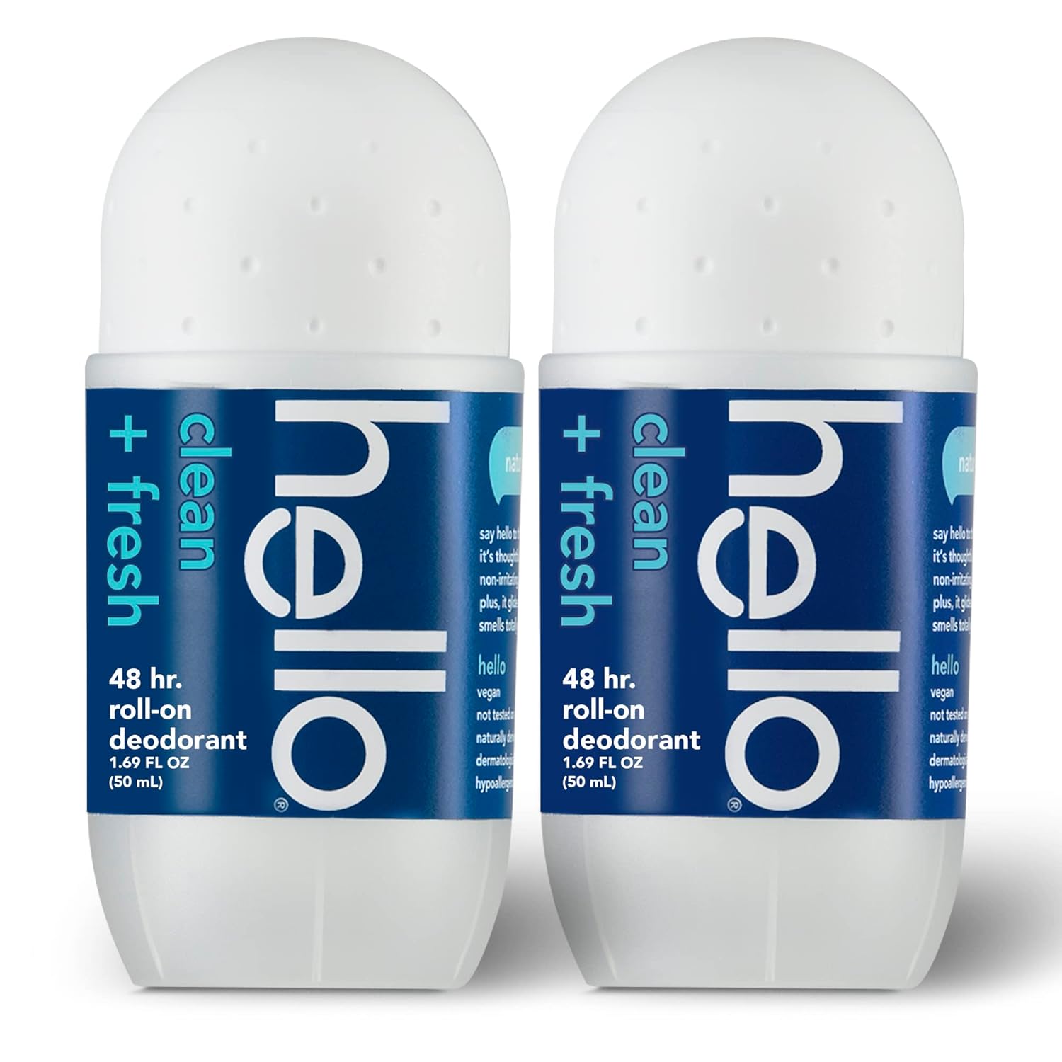 hello Clean & Fresh Roll On Deodorant, Aluminum Free Deodorant for Women + Men, 48 Hour Non Sticky Formula, Dries Quick and Leaves No White Residue, Travel Deodorant, 2 Pack, 1.69 oz Tubes