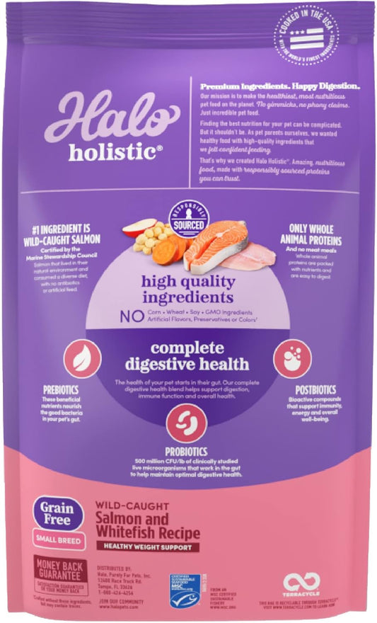 Halo Holistic Dog Food, Complete Digestive Health Wild-Caught Salmon And Whitefish Recipe, Dry Dog Food Bag, Small Breed Formula, 10-Lb Bag