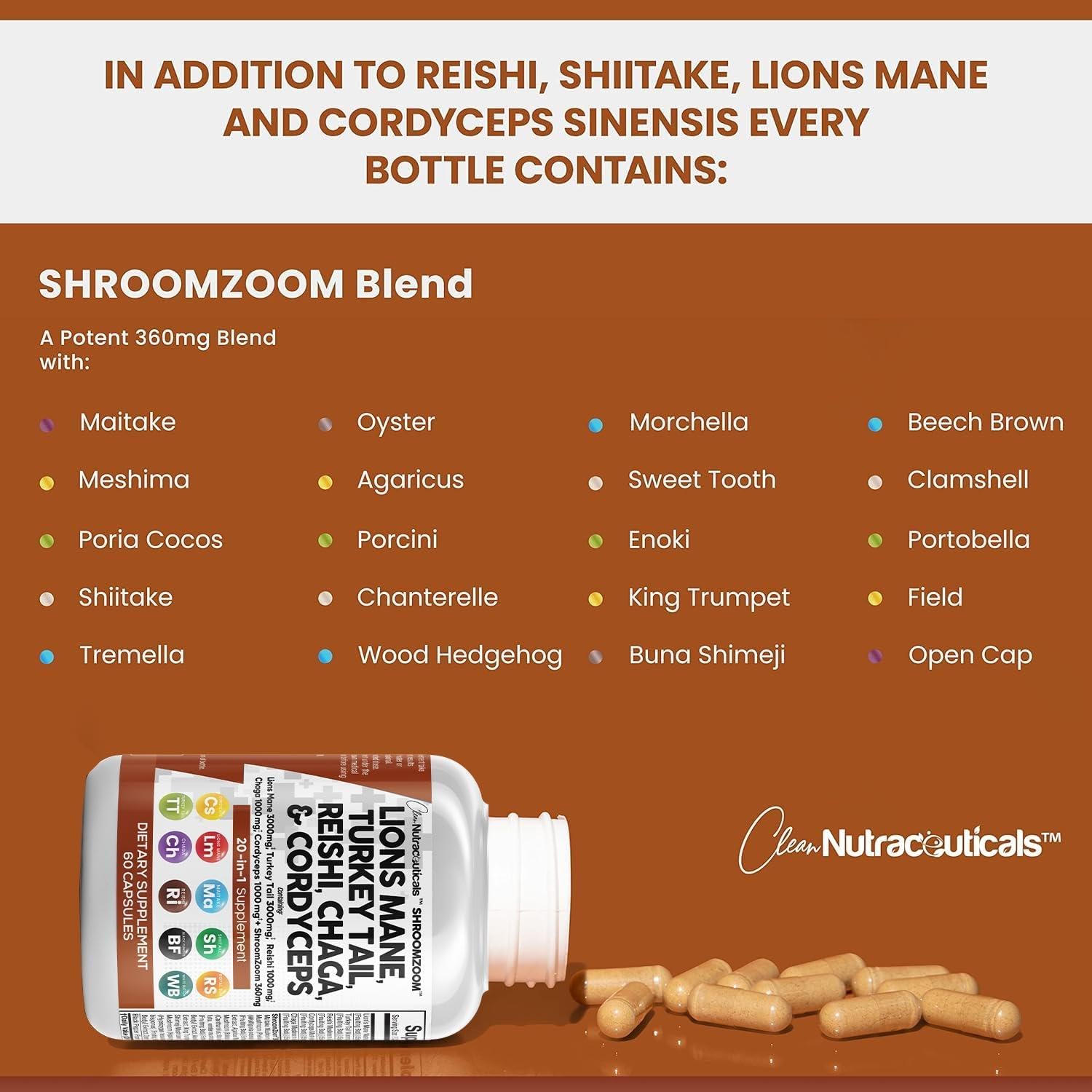 Clean Nutraceuticals Lions Mane 3000mg 20in1 Mushroom Supplement with Turkey Tail 2000mg Reishi 1000mg Cordyceps Chaga 1000mg Maitake Meshima Poria Cocos Shiitake 60 Count : Health & Household