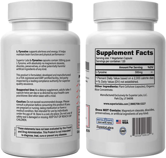 Superior Labs ? Pure Natural L-Tyrosine NonGMO ? 500 mg, 120 Vegetable Capsules ? Supports Mental Clarity ? Promotes Alertness ? Boosts Energy ? Dietary Supplement for Calming and Relaxation