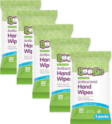 Antibacterial Hand Wipes By Boogie, Alcohol Free, Hypoallergenic And Moisturizing Aloe, Hand Wipes For Kids And Adults, 5 Packs Of 20 (100 Total Wipes)