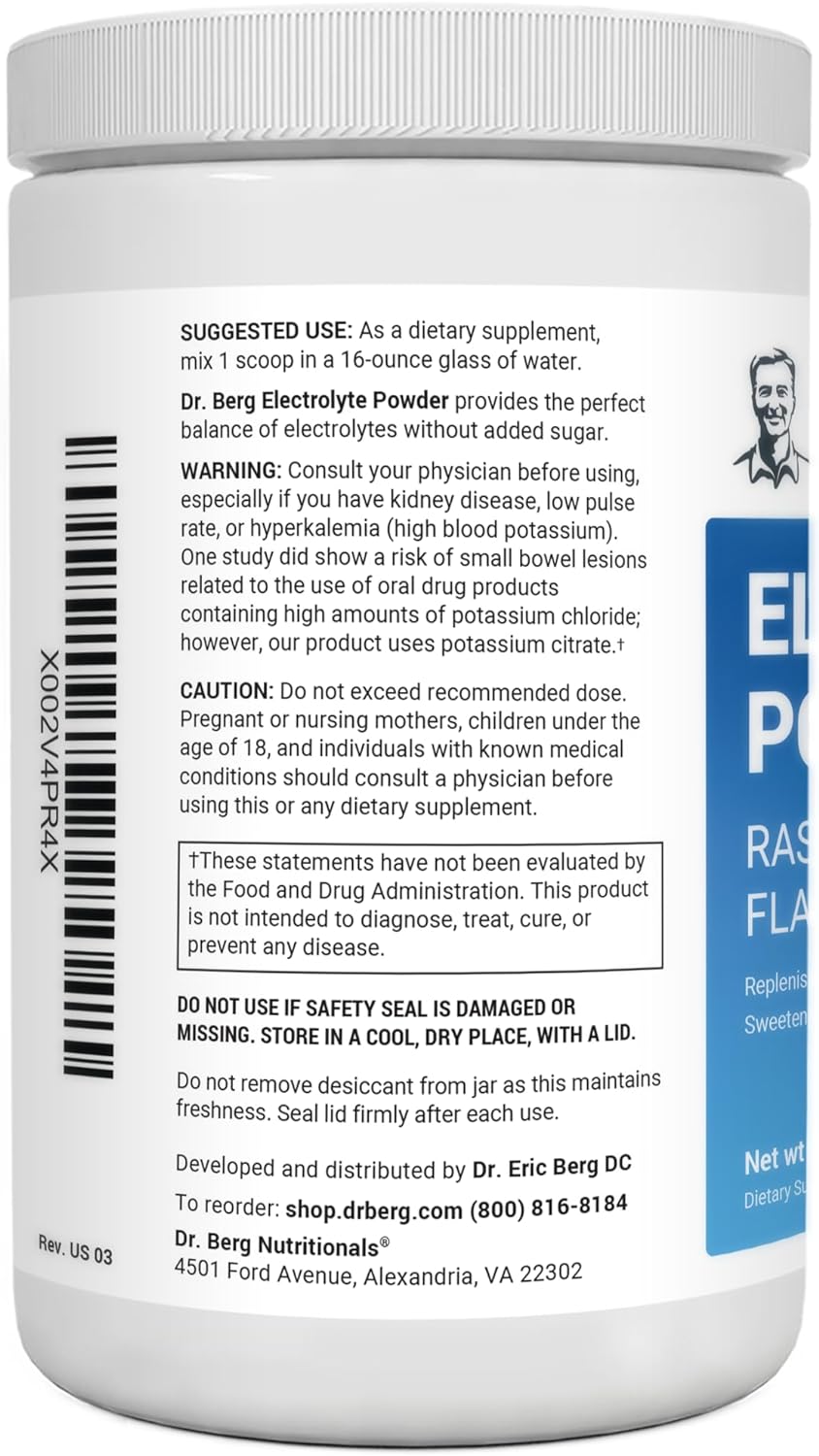 Dr. Berg Hydration Keto Electrolyte Powder - Enhanced w/ 1,000mg of Potassium & Real Pink Himalayan Salt (NOT Table Salt) - Raspberry & Lemon Flavor Hydration Drink Mix Supplement - 100 Servings : Health & Household