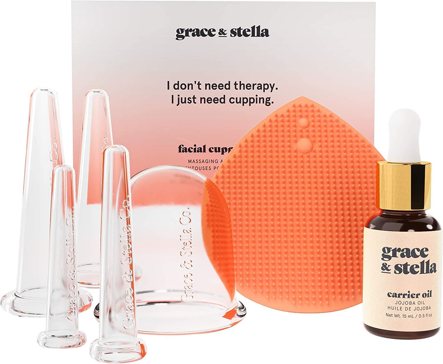 Facial Cupping (7-Pc Set) - Face Cupping Set - Facial Suction Cups With Jojoba Oil & Cleansing Brush To Reduce Appearance Of Fine Lines - Face Suction Cup Set For Lymphatic Drainage By Grace & Stella