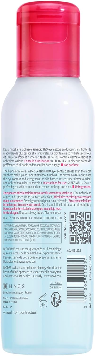 Bioderma Sensibio H2O Eye - Sensitive Skin Waterproof Makeup Remover For Eyes & Lips, Biphase Formula Micellar Water To Soothe, Moisturise & Repair Skin, 125Ml