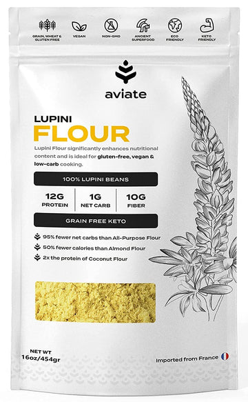 Aviate Lupini Flour - Keto & Vegan Friendly Superfood - Non-Gmo - Gluten Free - Lupin Flour Keto - High Protein, Low Calorie & Low Carb - Rich In Dietary Fiber And Minerals - 100% Lupin Beans - 16 Ounces (Pack Of 1)