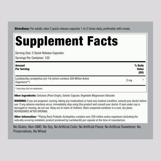 Piping Rock Probiotic Acidophilus Capsules | 240 Count | 1mg | 250 Million CFU | for Men and Women | Non-GMO, Gluten Free Supplement