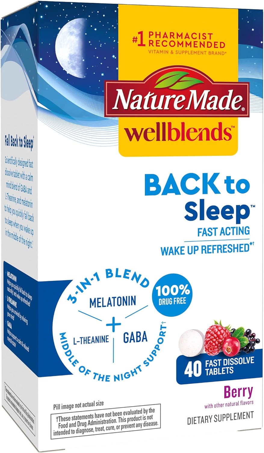 Nature Made Wellends Back to Sleep, Melatonin 1 mg, L theanine 100 mg, and GABA 100mg, Sleep Supplement, 40 Fast Dissolve Tablets